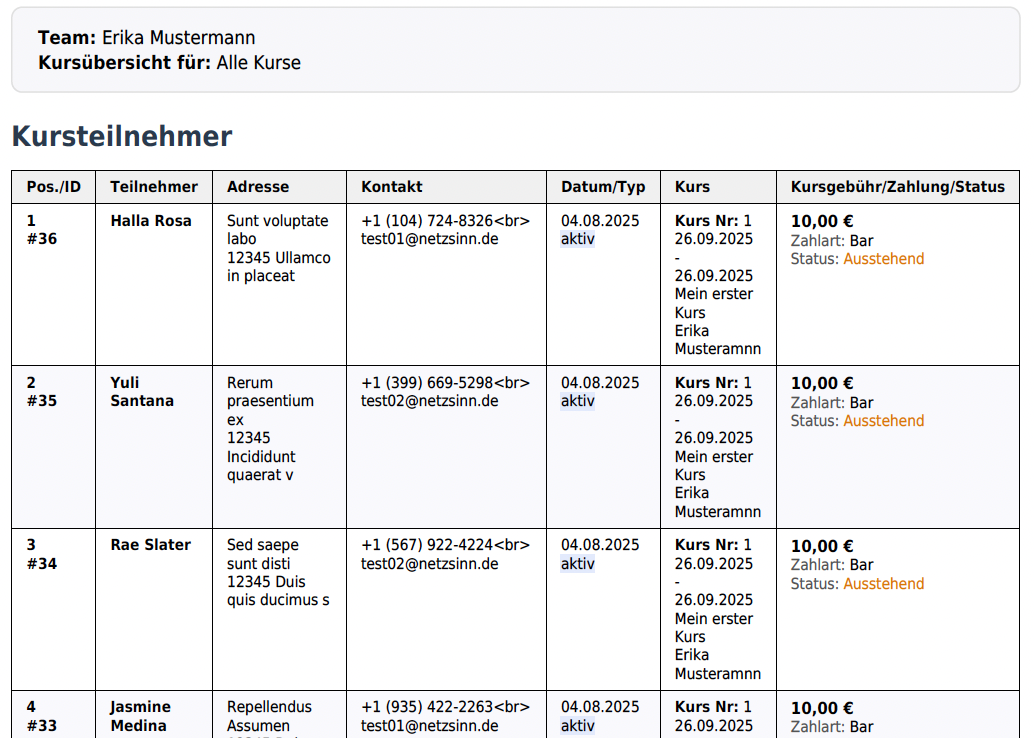 Teilnehmendenlisten als A4-PDF-Dokument